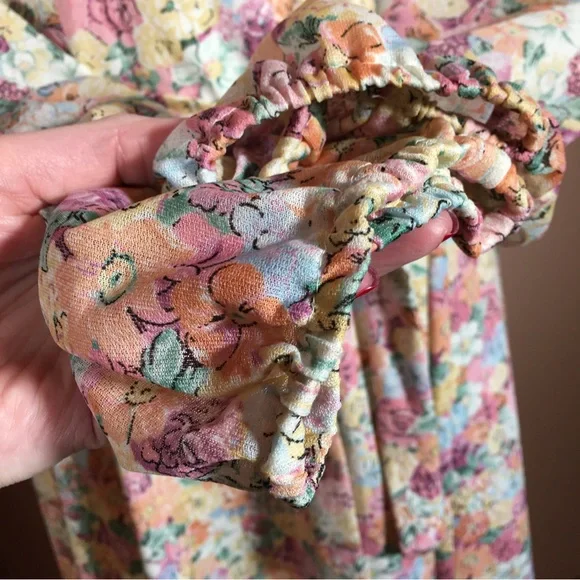 Vintage 60 70 Cottagecore Pastel Floral Peasant Midi Dress Poet sleeves - Picture 7 of 16